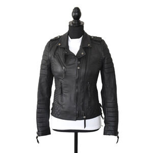 F0 Auth BODA SKINS Kay Michaels Black Quilted Sheep Leather Biker Jacket Size 2